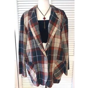 Vintage 80s Wool Blend Plaid Burgundy Oversized Blazer XL Women’s